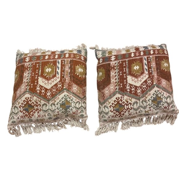 2 Bohemian Kilim Style Throw Pillow With Fringe 22 x 22”Multicolor Cotton - Picture 1 of 16